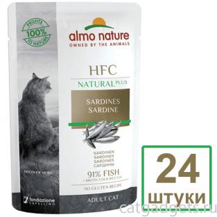 Набор 24 штуки по 55 г Паучи для кошек с сардинами 91% мяса (HFC Natural Plus - Natural - Sardines) 1.32кг