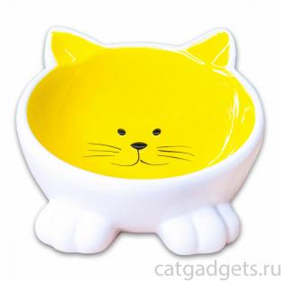 Миска "мордочка кошки" керамическая для кошек на ножках, желтая, 100мл Миска "мордочка кошки" керамическая для кошек на ножках, желтая, 100мл