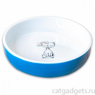 Миска "кошка с бантиком" керамическая, голубая 370мл, 15*4см Миска "кошка с бантиком" керамическая, голубая 370мл, 15*4см