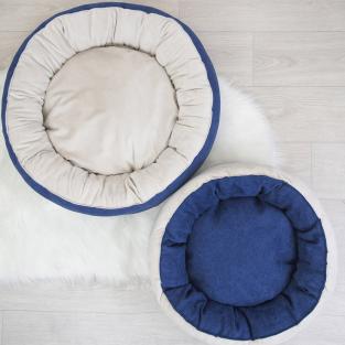 Лежак круглый пухлый БУБЛИК 57*57*21см (плюш, микрошенилл, синтепух) синий