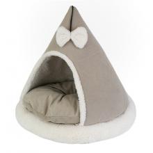 Домик-лежак ТЕНДА конусный с бантиком 46*46*47см (вельвет, мех, поролон, синтепух) бежевый