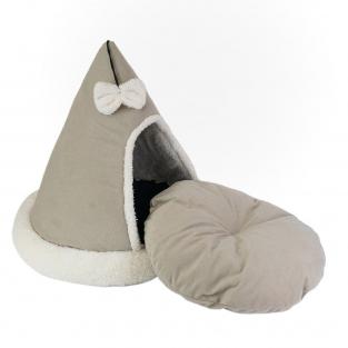Домик-лежак ТЕНДА конусный с бантиком 46*46*47см (вельвет, мех, поролон, синтепух) бежевый Домик-лежак ТЕНДА конусный с бантиком 46*46*47см (вельвет, мех, поролон, синтепух) бежевый