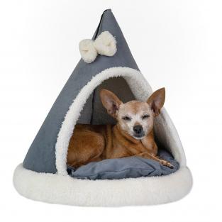 Домик-лежак ТЕНДА конусный с бантиком 46*46*47см (вельвет, мех, поролон, синтепух) серый