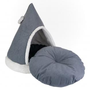 Домик-лежак ТЕНДА конусный с бантиком 46*46*47см (вельвет, мех, поролон, синтепух) серый