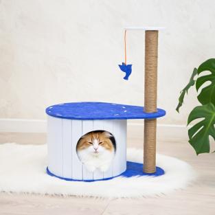 Домик-когтеточка ВОЙЛОК разборный со столбиком 50*33*h62см (войлок акустический, джут) сине-белый