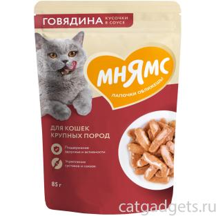 Кусочки в соусе с говядиной для крупных кошек пауч, 85г Кусочки в соусе с говядиной для крупных кошек пауч, 85г