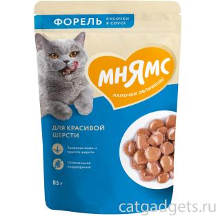 Кусочки в соусе с форелью для красивой шерсти кошек пауч, 85г Кусочки в соусе с форелью для красивой шерсти кошек пауч, 85г