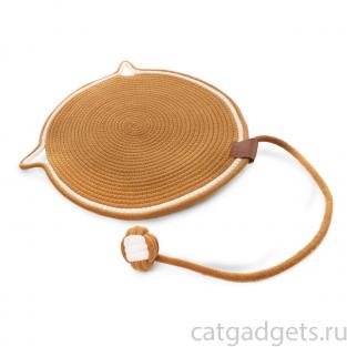 Когтеточка-коврик из хлопкового шнура с шариком "Ушки", коричневая, 40*40см