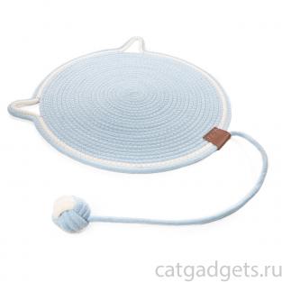 Когтеточка-коврик из хлопкового шнура с шариком "Ушки", голубая, 40*40см