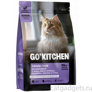 Беззерновой корм для котят и кошек всех возрастов с курицей, индейкой, лососем и уткой, GRAIN FREE ADULT 4 Meat Recipe, 0.4кг