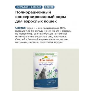 Паучи для взрослых кошек: сельдь и форель в соусе, поддержание пищеварения Holistic Functional, Intestinal help, Herring and Trout, 85г