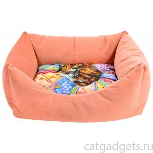 Лежанка-пухлик "Сны" рисунок Кошка мебельная ткань (коралловая)