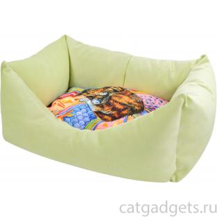 Лежанка-пухлик "Сны" рисунок Кошка мебельная ткань (салатовая)