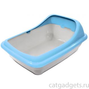 Туалет для кошек прямоугольный с ассиметричным бортом "Волна", серый/голубой, 45,5*35*20см