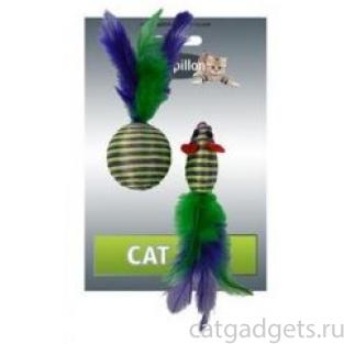 Игрушка для кошек "Мышка и мячик с перьями" 5+4см, в полоску, текстиль