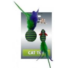 Игрушка для кошек "Мышка и мячик с перьями" 5+4см, вязанные 