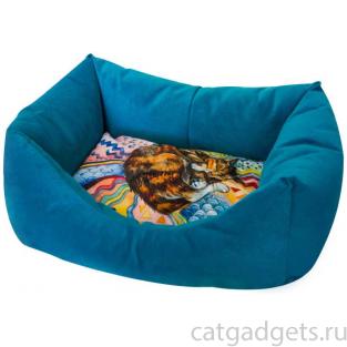 Лежанка пухлик  "Сны" рисунок Кошка мебельная ткань бирюзовая