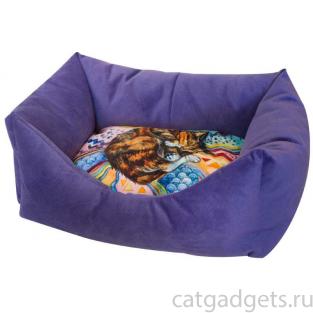 Лежанка пухлик  "Сны" рисунок Кошка мебельная ткань сиреневая