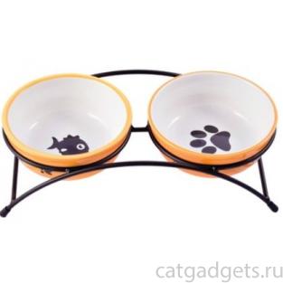 Миски на подставке для собак и кошек двойные, оранжевые 2x290 мл