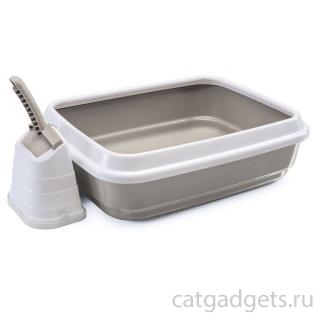 Туалет для кошек с бортом =Duo= 59*40*15 см + СОВОК в контейнере, серый